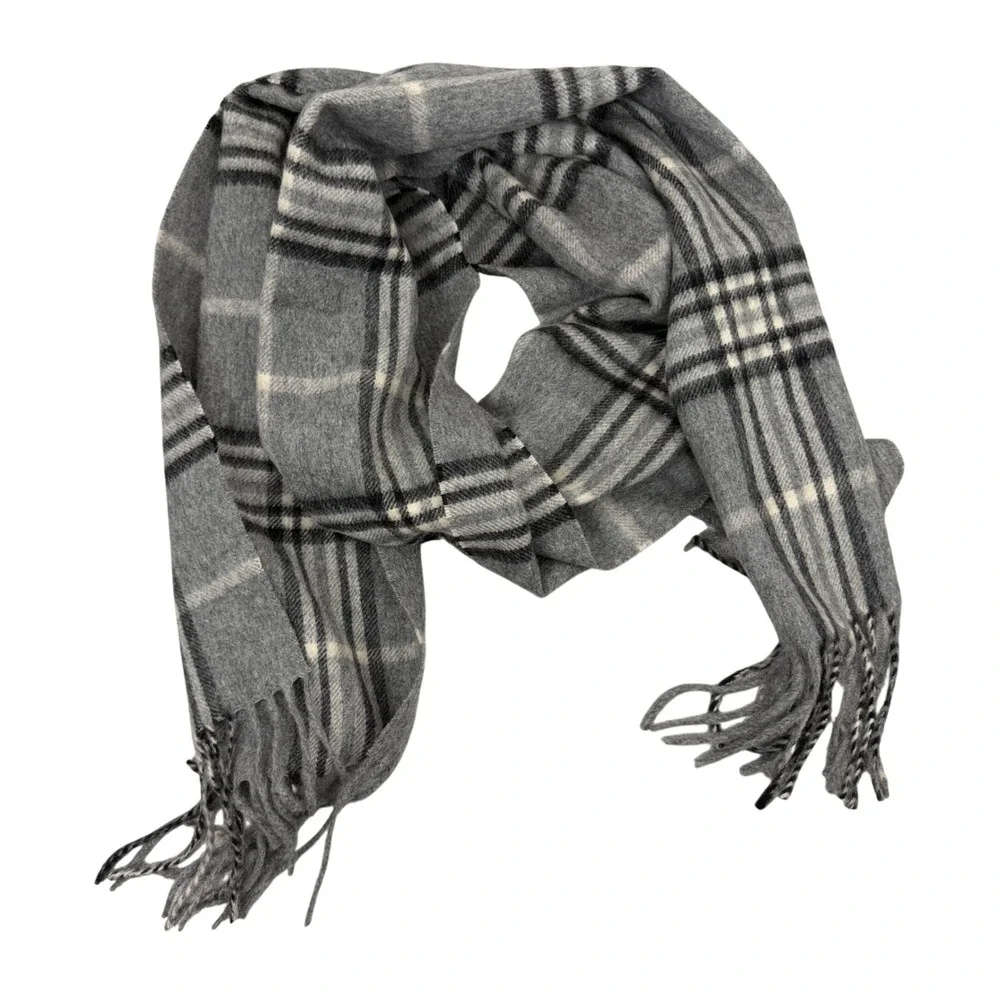 Enzo Mantovani Scarf Unisex OS Grey Plaid Wool Cashmere Blend Fringed Soft Warm